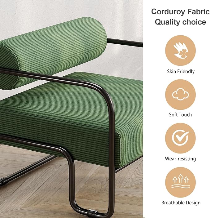 cinkehome Modern Accent Arm Chair for Living Room Corduroy Fabric Upholstered Armchair with Metal Frame Comfy Reading Club Chair Green