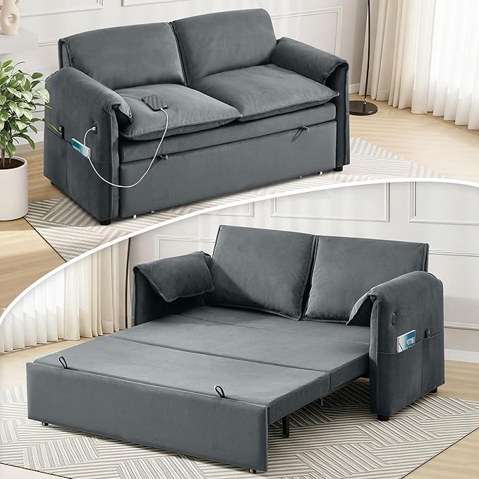 63 Velvet 3 in 1 Convertible Sleeper Sofa Bed Pull Out Couch Bed Loveseat with Adjustable Backrest Chaise Lounge USB Port &amp Side Pocket Modern Sofa for Living Room Small Spaces Gray