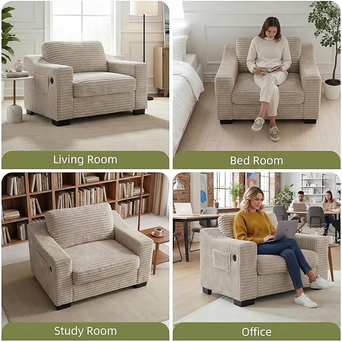 46.1''W Oversized Accent Chair Modern Single Armchair with USB Charger &amp Storage Pocket Comfy Reading Chair Tufted Corduroy Fabric for Living Room Bedroom Apartment Office (Camel)