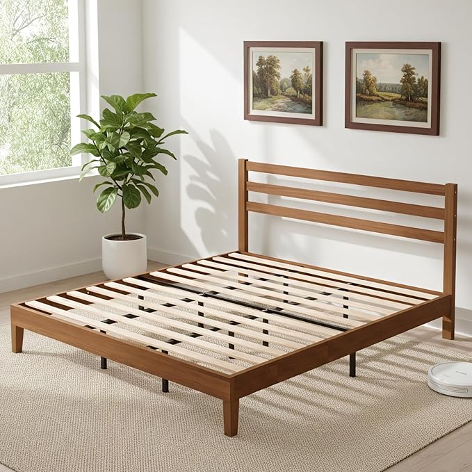 Sweetcrispy Solid Wood Bed Frame - King Size Mattress Foundation with Headboard No Box Spring Needed with 1100LBS Sturdy Wooden Slats Support Noise Free Easy Assembly