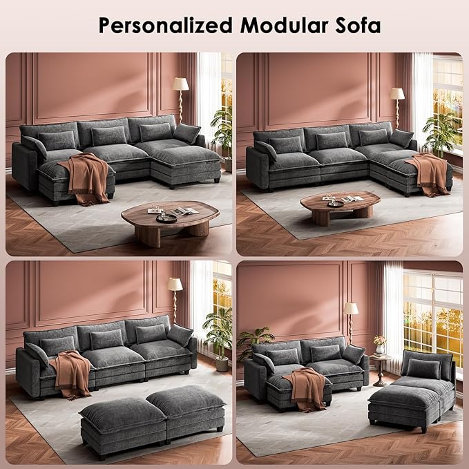 Marsail Modular Sectional Sofa 110.6 U-Shaped Modern Comfy Cloud Couch 5-Seat Chenille Deep Seat Sofa with Throw Pillow &amp Movable Ottoman for Living Room Bedroom and Apartment Charcoal Gray