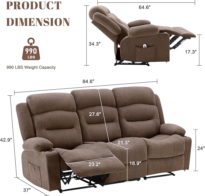 Oversized Recliner Sofa with Heat and Massage Wall-Hugger Reclining Sofa with Cup Holders and USB Port Big Large 3-Seater RV Recliner Couch Sofa for Living Room (Fabric Brown)