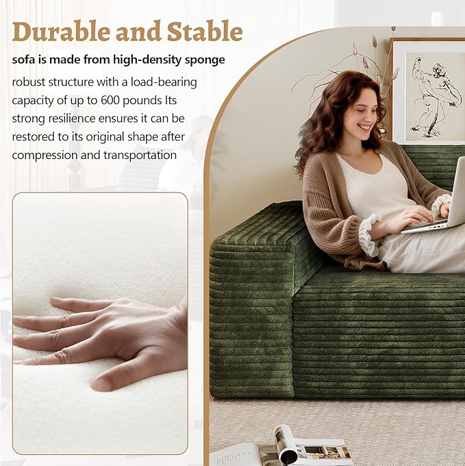 Boneless Sofa Compressed Sofa Couch in a Box Deep Seat Couch for Living Room Bedroom Conference Room Apartment Backrest Pillow No Assembly (Green 63)
