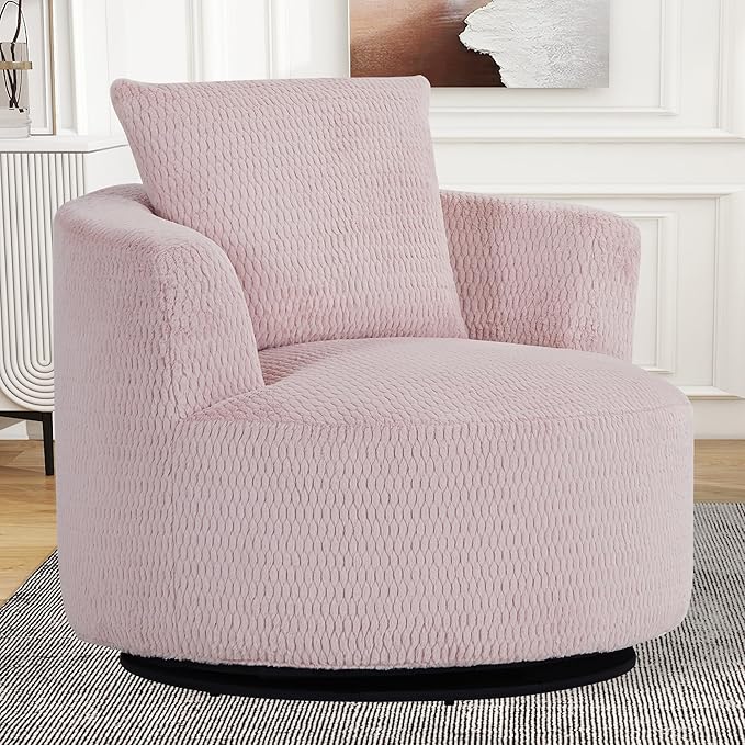 39 Pink Swivel Accent ChairBig Comfy Swivel Chair with PillowUpholstered ArmchairFaux Fur Swivel Sofa Chair for BedroomRound Oversized Chairs for Living Room