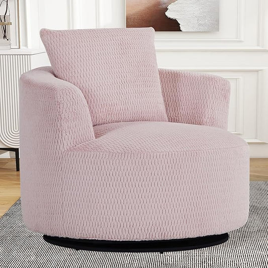 39 Pink Swivel Accent ChairBig Comfy Swivel Chair with PillowUpholstered ArmchairFaux Fur Swivel Sofa Chair for BedroomRound Oversized Chairs for Living Room