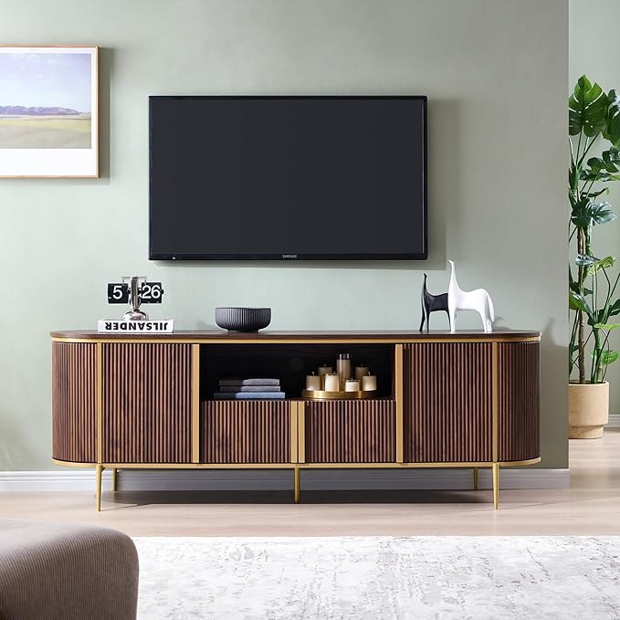 OKD Luxury 70 Fluted TV Stand Modern Chic Entertainment Center for TVs Up to 80 inches TV Console with Faux Marble Top Curved Profile Design Media Console for Living Room (Dark Walnut)