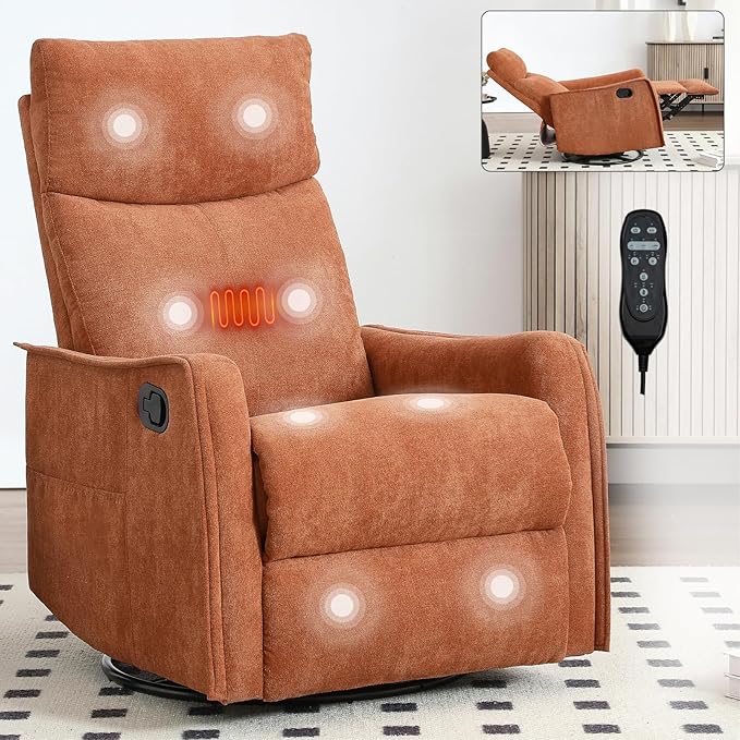 360°Swivel in Fabric Reclining ChairsHeat Massage Manual Recliner ChairSmall Recliners SpacesSingle Lazyboy Recliner Sofa for Living RoomRVBedroomOrange