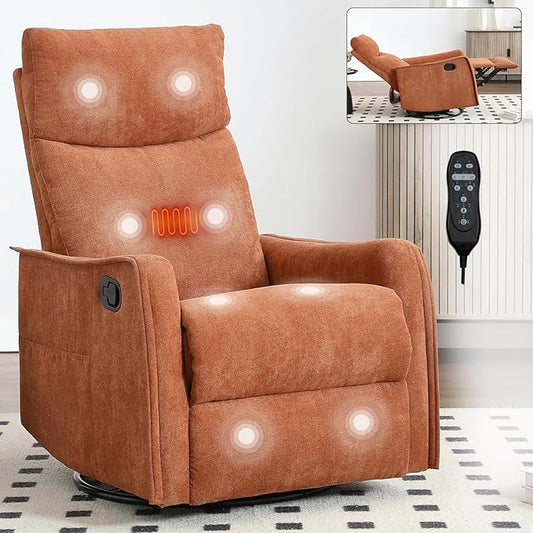 360°Swivel in Fabric Reclining ChairsHeat Massage Manual Recliner ChairSmall Recliners SpacesSingle Lazyboy Recliner Sofa for Living RoomRVBedroomOrange