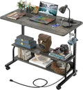 32 Height Adjustable Standing Desk with Power Outlets - Manual Rolling Stand Up Desk with Wheels Small Portable Computer Desk Mobile Laptop Table with Storage Shelves for Home Office Grey Oak