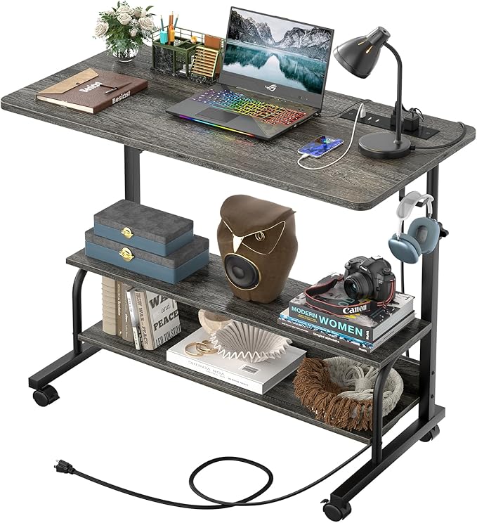 32 Height Adjustable Standing Desk with Power Outlets - Manual Rolling Stand Up Desk with Wheels Small Portable Computer Desk Mobile Laptop Table with Storage Shelves for Home Office Grey Oak