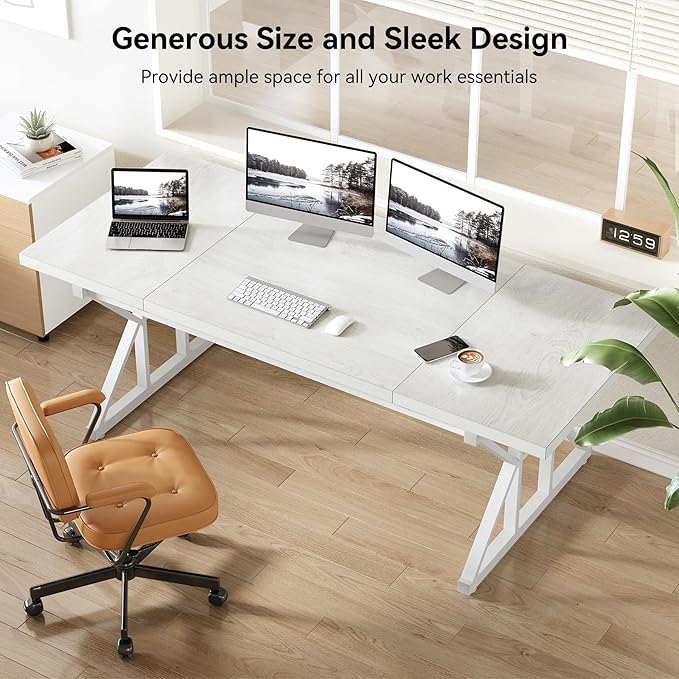 LITTLE TREE 70.8-Inch Large Executive Desk Extra Long Computer Office Desk Workstation Modern Simple Style Laptop Table Sturdy Wooden Writing Workstation for Home White