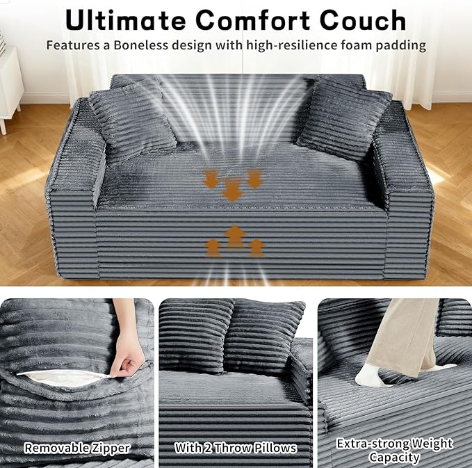 3 Seater Sofa Couch for Living Room (Gray 38 D + 2 Pillows)
