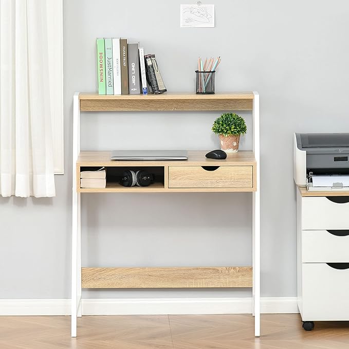 Home Office Desk Computer Desk for Small Spaces Writing Table with Drawer and Storage Shelves Natural
