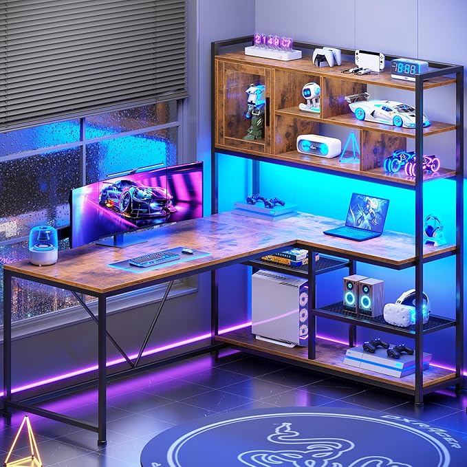 SEDETA L Shaped Computer Desk 58'' Office Desk with LED Light and Bookshelf L Shaped Corner Desk with Storage Shelves for Home Office Gaming Desk L Desk Rustic Brown