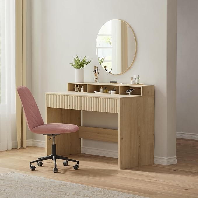 Fluted Executive Desk with Storage Shelf 47 Modern Wood Home Office Desk with Long Monitor Stand &amp 2 Drawers Writing Study Computer Table Vanity Desks Light Oak