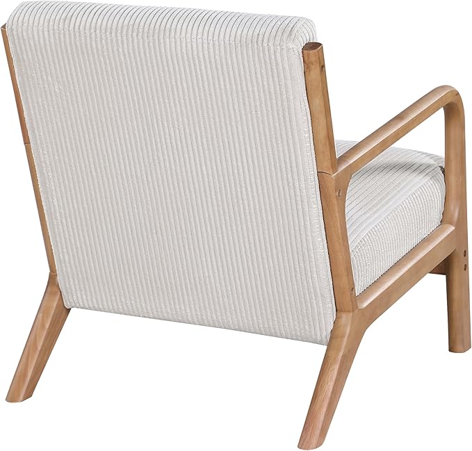 Wooden Accent Arm Chair Mid Century Armchair Comfy Modern Corduroy Accent Chair Boho Arm Chair with Pillow for Bedroom Lounge Living Room (Beige)