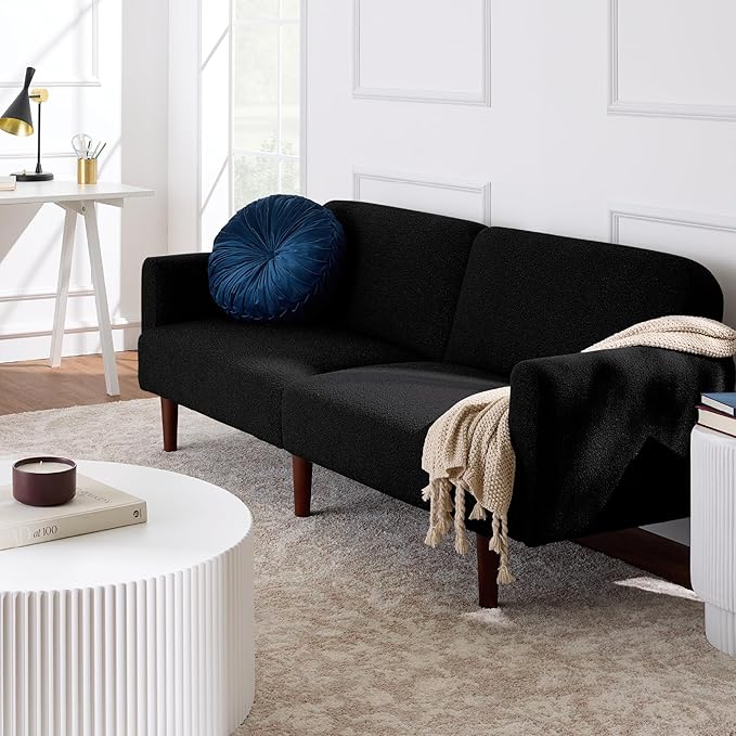 Best Choice Products 77 Mid Century Modern Boucle Loveseat Sofa Couch Convertible Sofa Sleeper Bed w/Real Wood Removable Armrest - Midnight Black