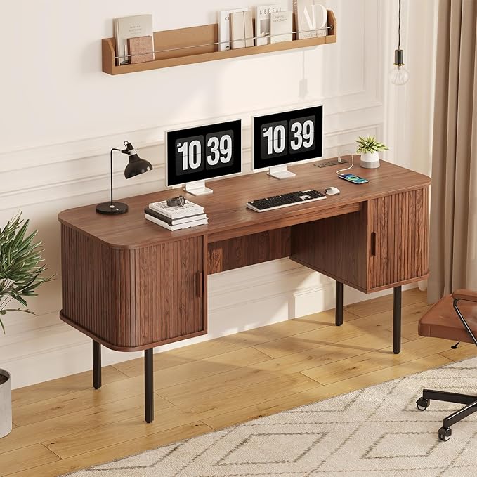 ONBRILL 63 Inch Fluted Computer Desk with Charging Station Mid Century Executive Desk with 2 Storage Cabinets Modern Home Office Large Desk with Metal Legs for Working Studying Writing Walnut