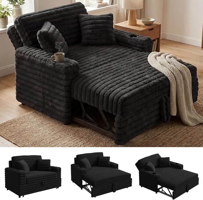 Plush Sofa 52” 3-in-1 Convertible Pull-Out Sofa Bed Sleeper Loveseat with Built-in Cup Holders Reclining Backrest Pet-Friendly for Small Space - Black