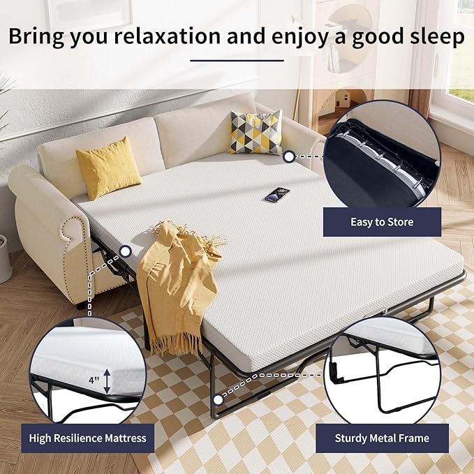 2 in 1 Pull Out Sofa Bed Queen Size Sleeper Sofa Guest Bed with 4 Foldable Memory Foam Mattress &amp Nailhead Armrests Linen Modern Convertible Couch for Home Apartment Office - Beige