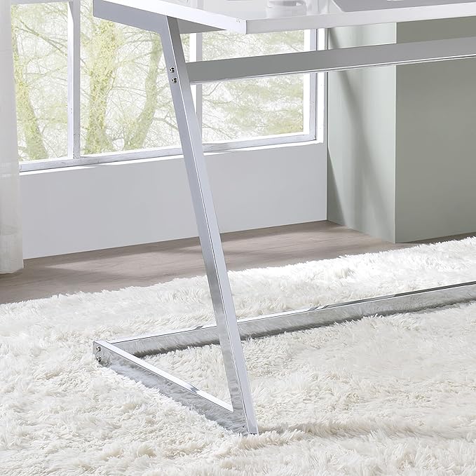 24/7 Shop at Home Andree Industrial Metal Writing Desk with USB Port Power Outlet for Workstation Home Office Study Room Gloss White and Chrome