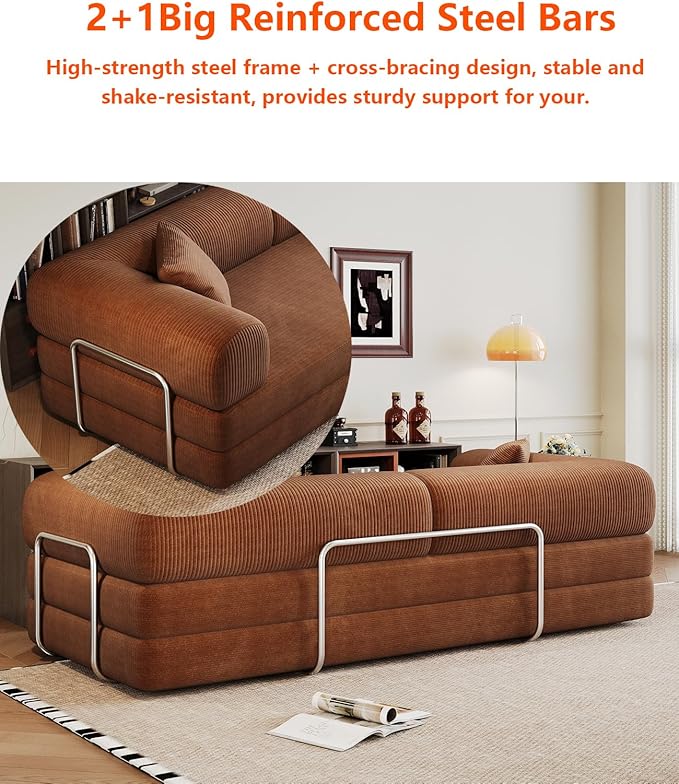 79 Inch Convertible Sleeper Sofa Bed with Cylindrical PillowOversized Corduroy Upholstered Boneless CouchLove Seat Floor Sofas Living RoomApartmentOffice-Brown