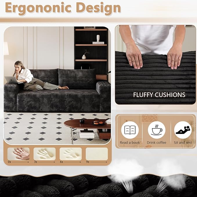 Cloud Loveseat Sofa Modern Corduroy 2-Seater Couch with Deep Seat No Assembly Required Memory Foam Sofa Boneless Sofa in a Box for Bedroom Apartment OfficeSmall Space (Black63in)