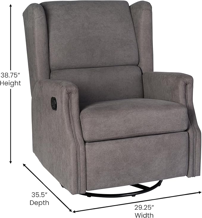 Flash Furniture Omma Swivel Glider Rocking Recliner Manual Wingback Recliner with 360 Degree Swivel for Living Room Bedroom or Nursery Upholstered Dark Gray