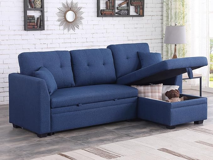BEEY Sleeper Sofa Bed 82 Small Convertible Sectional Sofa Couch with Storage Chaise L Shaped Couch with Pull Out Bed for Bedroom Living Room (Navy_Blue_2)