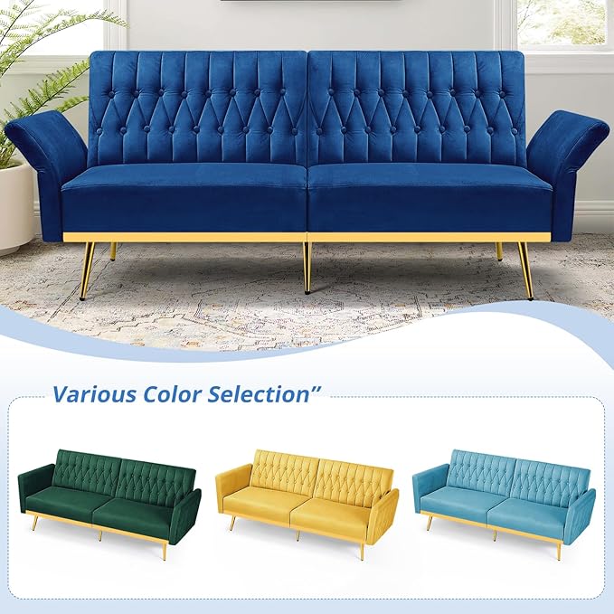 2 Pieces Velvet Futon Sofa Set with Adjustable Backrests and Armrests 70” Convertible Sofa Bed &amp Tufted Accent Chair with Ottoman for Living Room Blue