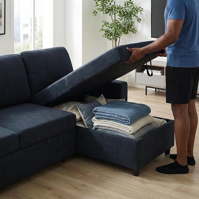 Queen Sleeper Sofa 83 Inch Convertible Sofa Bed with Storage Modular Sectional Couch with Pull Out Bed L Shaped 3 Seat Sectional Sleeper Sofa for Living Room Apartment Black