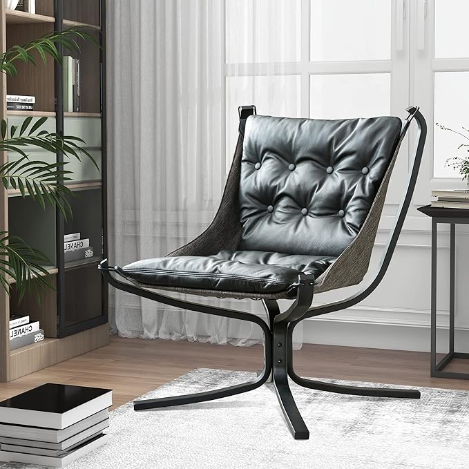 Living Room Chair Genuine Leather Butterfly Chair Handmade Iron Frame Reading Chair Modern Accent Chair for Study Room Reading Bedroom Living Room Office Black