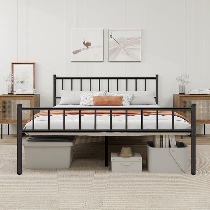Metal Platform Queen Bed Frame with Headboard Sturdy Steel Slats Support No Box Spring Needed Easy Assembly Black