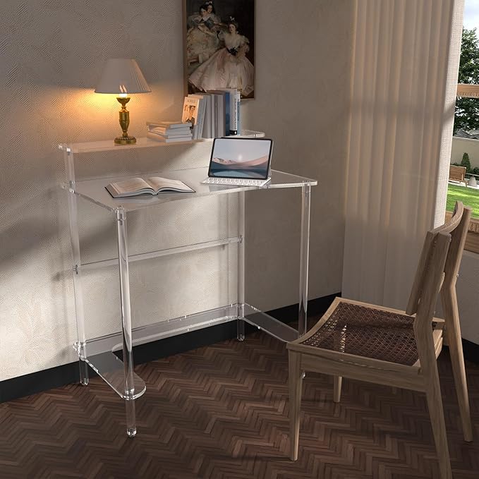 2Tier Acrylic Clear Desk 31.5x19.7x29.5 inch Computer Desk Home Office Desk Writing Table Furniture 0.47inch Thickness