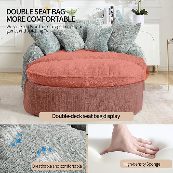 Oversized Fluffy Chenille Lounge Sofa - Extra Deep Seat Cozy Reading Circle Couch for Living Room | Indoor Lounge &amp Oversized Round Accent Design (Blue Gray - with Ottoman)