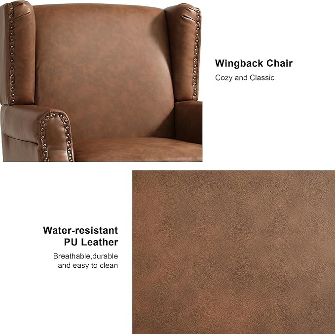 Floral High Back Accent Chair Upholstered Armchair with Solid Wood Legs Comfy Wingback Reading Single Sofa Chair for Small Spaces Living Room Bedroom(Leather Brown Set of 1)