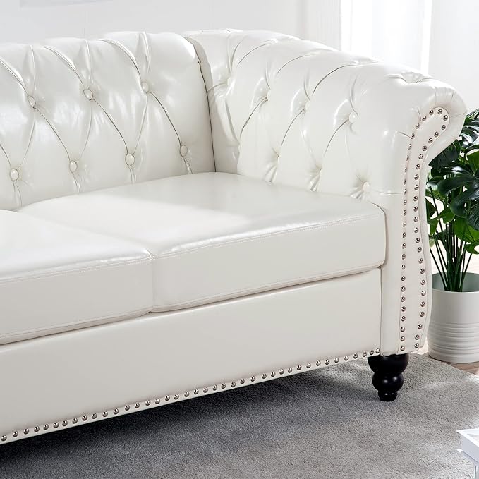 GDFStudio 85 Tufted Button Chesterfield Sofa with Deep Seat Cushions Rolled Arms &amp Gold Accent Strip 3-Seater Midcentury Modern Sofa for Living Room Classic Couch Furniture White + PU