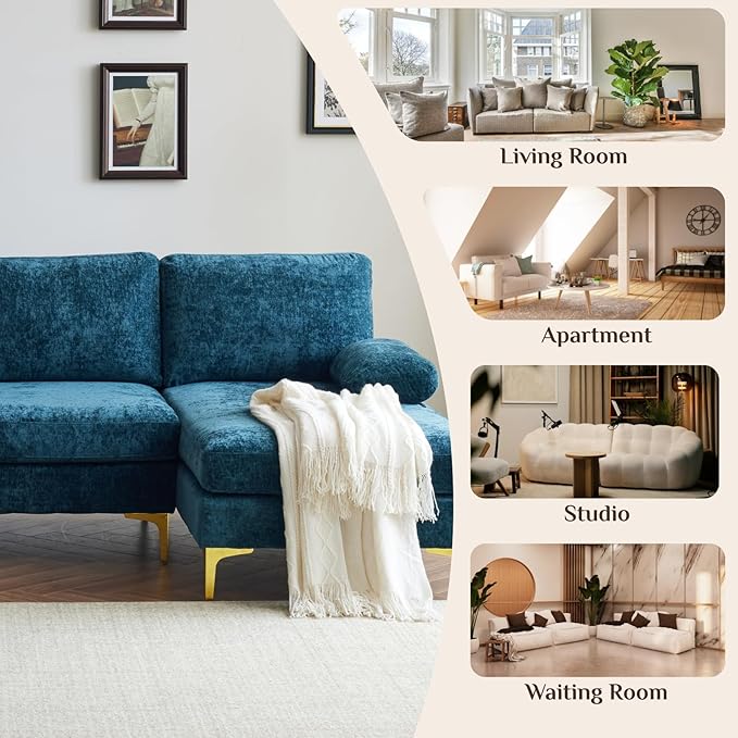 Karl home Convertible Sectional Sofa 110 U-Shape Sofa Couch 4-Seat Couch with Chaise ChenilleFabric Upholstered for Living Room Apartment Office Peacock Blue