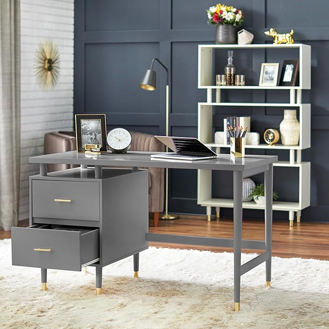 Margo 50 Wide Mid-Century Modern Wood Desk with Drawers Stylish Elevated Top Design Solid Pine Wood Tapered Legs Computer Desk for Home Office &amp Study Charcoal Gray