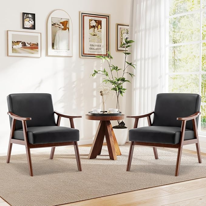 Rovibek PU Leather Accent Chair with Arms - Mid Century Modern Accent Chairs with Wood Frame Upholstered Arm Chairs with 5.9in Thick Foam Black Occasional Chair