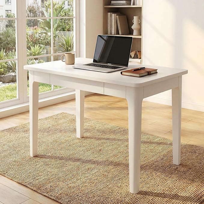 31 Minimalist Solid Rubberwood Desk with Metal Glide Drawers True White - Extra Deep 24 Makeup Vanity &amp Writing Table
