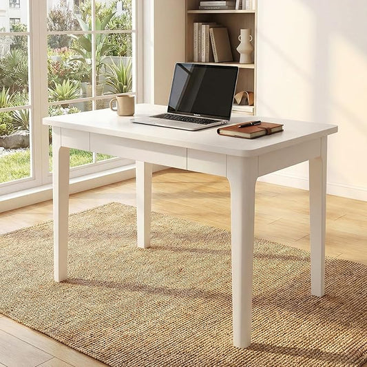 31 Minimalist Solid Rubberwood Desk with Metal Glide Drawers True White - Extra Deep 24 Makeup Vanity &amp Writing Table