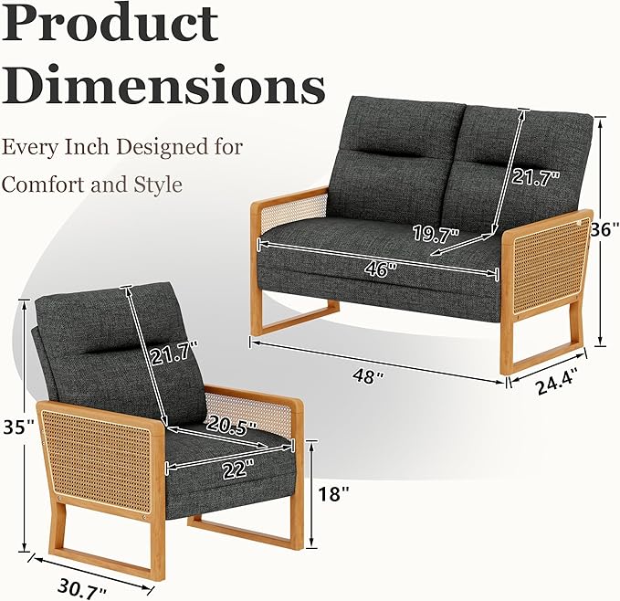 HAOBO Home 3 Piece Living Room Furniture Sets Loveseat Sofa Settee Bench with 2 Single Sofa Accent Chairs Modern Small Couches for Small Spaces(Grey)