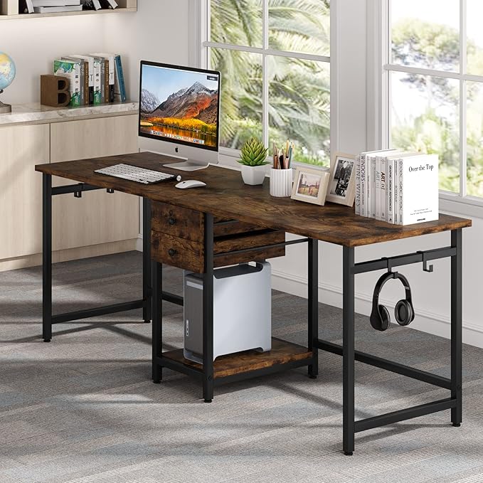 Tribesigns 78.74’’ Two Person Desk with 2 Drawers Long Double Computer Desk Gaming Table with Shelves Industrial Study Writing Table Workstation for Home Office Rustic Brown