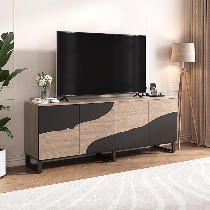 70 TV Stand with Power Outlet Black Large TV Stands for 75 Inch TV Entertainment Center TV Cabinet with Storage and Adjustable Shelf Live Edge TV Console Table for Bedroom Living Room