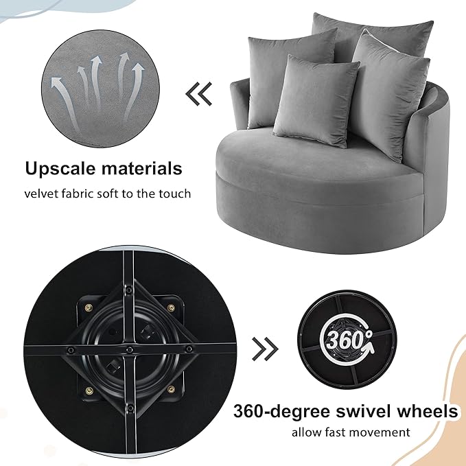 Modern Velvet Leisure Chair 360° Swivel Barrel Chair with 4 Movable Pillows and Metal Base Perfect for Living Room Bedroom Office Reception Area (Gray/Velvet+S)
