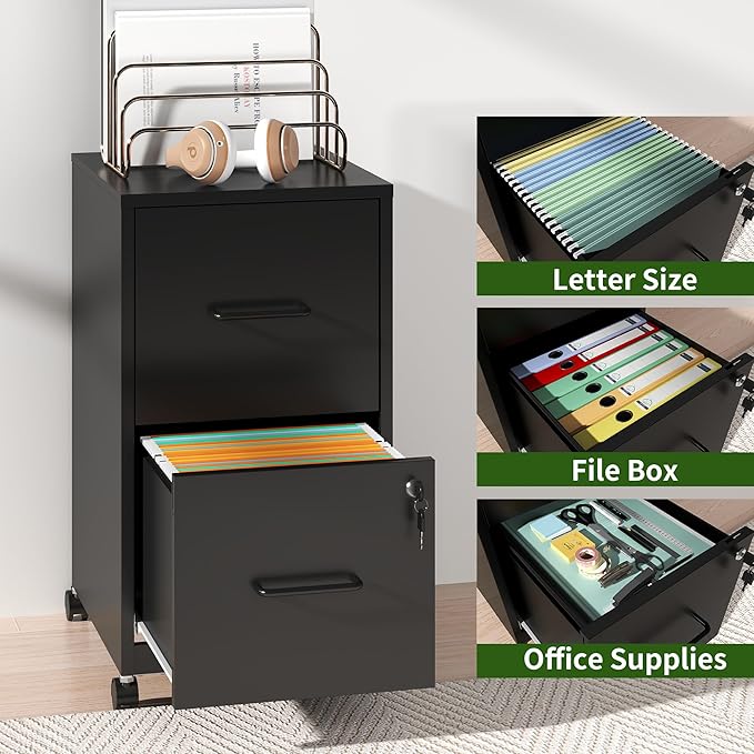 2 Drawer Mobile File Cabinet Metal Under Desk Filing Cabinet with Lock and Wheels Home Office Rolling File Cabinet for Legal/Letter Hanging File Folders Un-Assembled Black