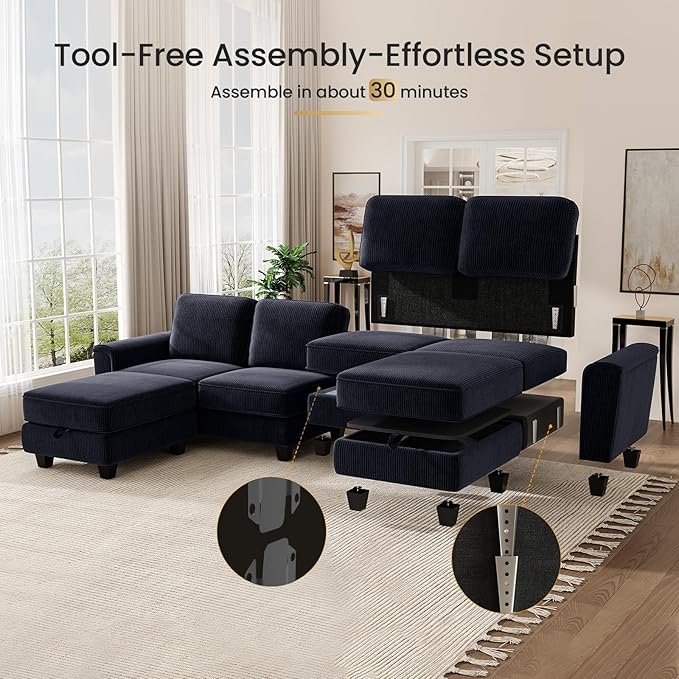 KKL Modular Sectional Sofa Couch for Living Room 106 Inches L Shaped Couch with Storage 5 Seater Corduroy Home Sofas Modern Couches with Chaise for Apartment Sofas para Sala Navy Blue