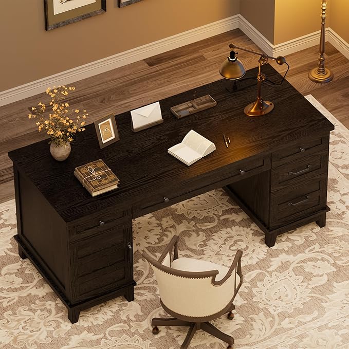 60 Traditional Home Office Desk with Power Outlets Wooden Executive Desk with File Cabinet and Drawers Farmhouse Wood Work Desk for Work Study Writing Black
