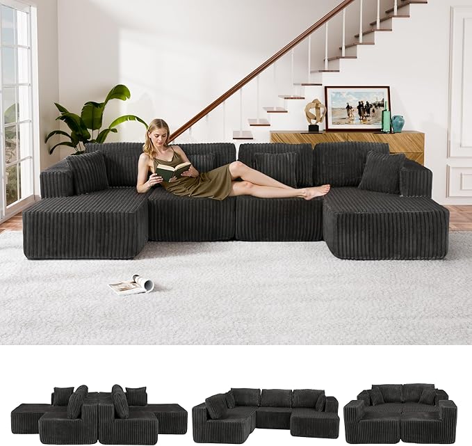 132 U Shaped Couch Modular Sectional Sofa with Chaise Corduroy U Shaped Boneless Couch with Deep Seat Upholstered Modular Cloud Sofa for Living Room No Assembly Required Grey